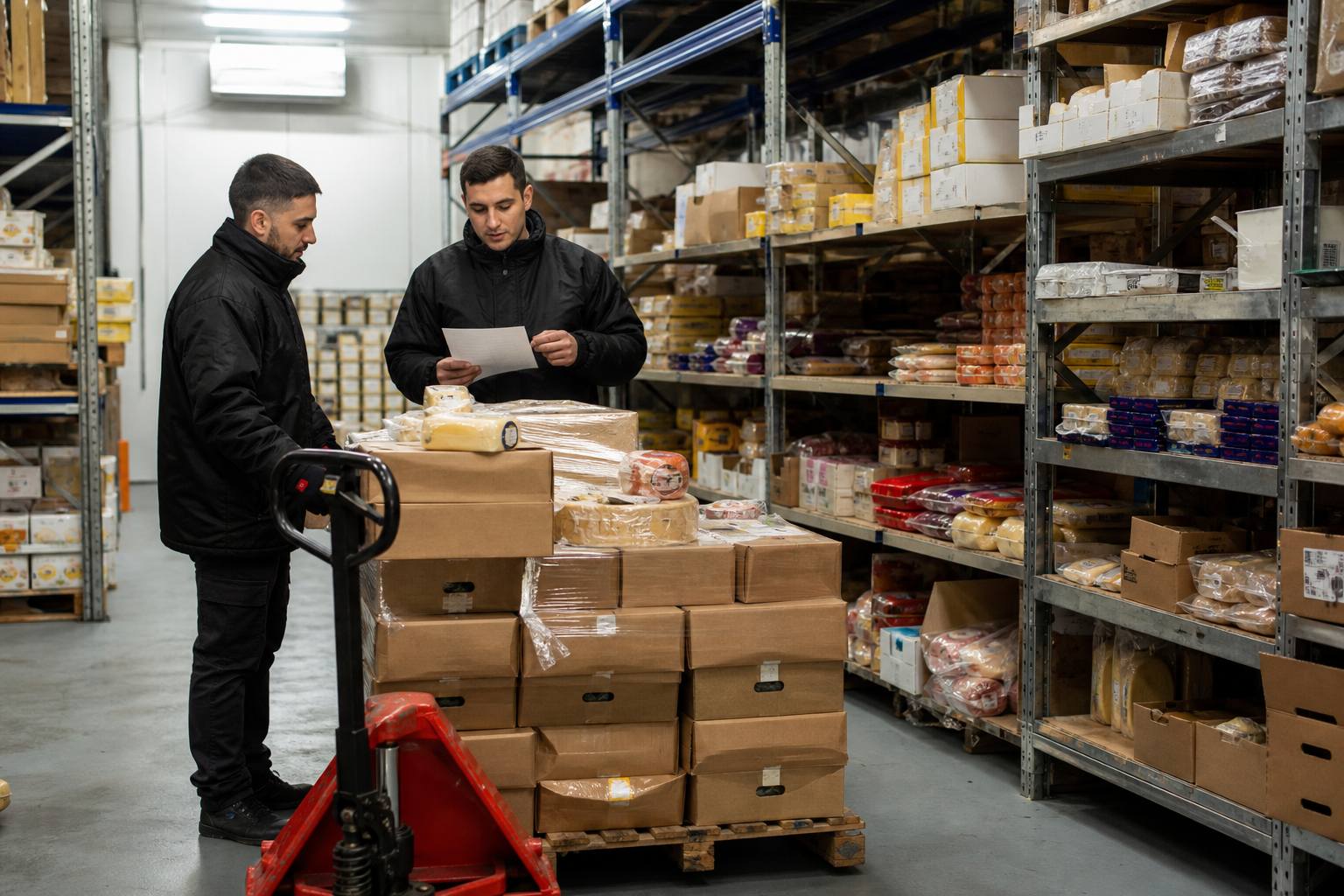 Equipo de distribución revisando una nota de pedido